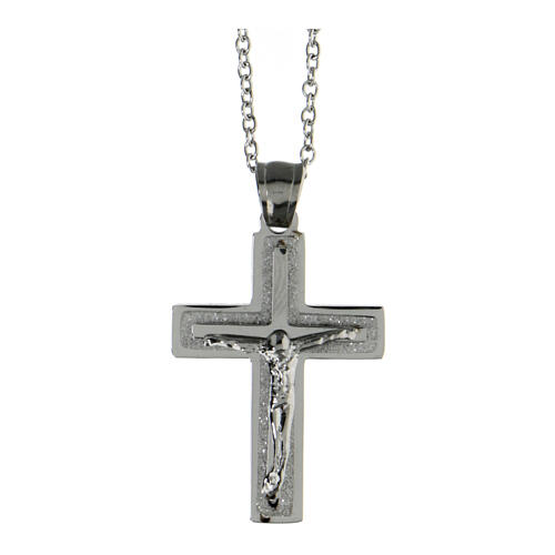 Three layered cross pendant with body of Christ, supermirror stainless steel, 1.2x1 in 1