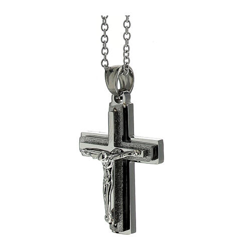 Three layered cross pendant with body of Christ, supermirror stainless steel, 1.2x1 in 2