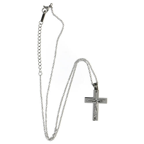 Three layered cross pendant with body of Christ, supermirror stainless steel, 1.2x1 in 4