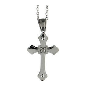 Budded cross pendant with white zircons, supermirror stainless steel, 1.2x0.8 in