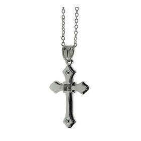 Budded cross pendant with white zircons, supermirror stainless steel, 1.2x0.8 in