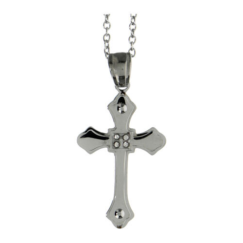 Budded cross pendant with white zircons, supermirror stainless steel, 1.2x0.8 in 1