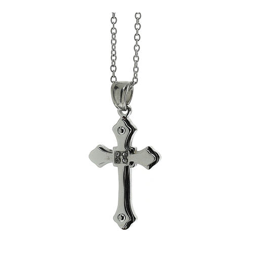 Budded cross pendant with white zircons, supermirror stainless steel, 1.2x0.8 in 2