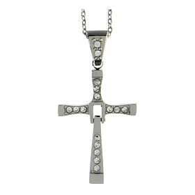 Folding cross pendant with white zircons, supermirror stainless steel, 1.4x1 in