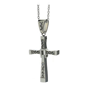 Folding cross pendant with white zircons, supermirror stainless steel, 1.4x1 in