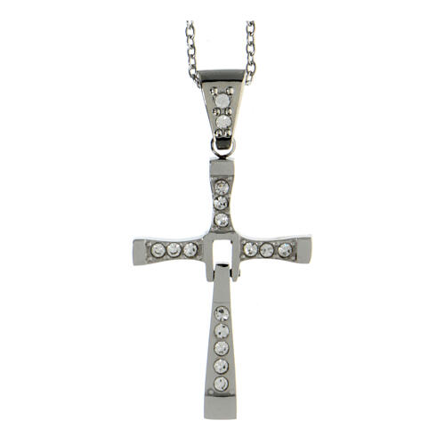 Folding cross pendant with white zircons, supermirror stainless steel, 1.4x1 in 1