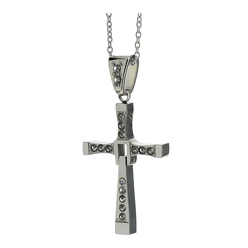 Folding cross pendant with white zircons, supermirror stainless steel, 1.4x1 in 2