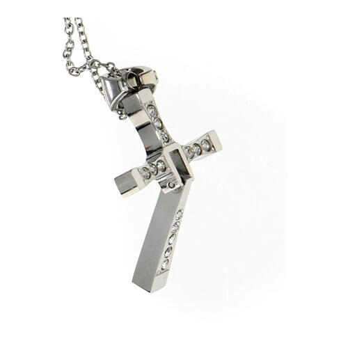 Folding cross pendant with white zircons, supermirror stainless steel, 1.4x1 in 3
