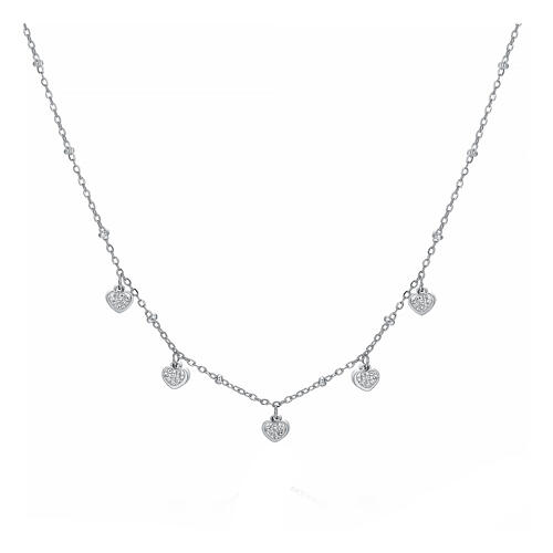 Necklace with 5 heart-shaped charms, stainless steel and rhinestones 1