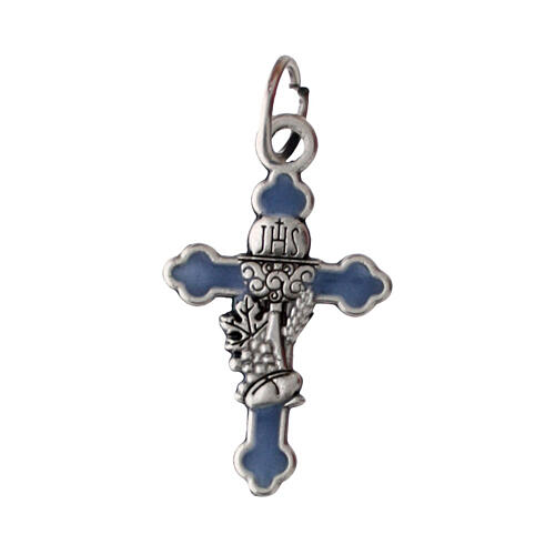 Blue background cross pendant, 1.2x0.8 in, zamak 1