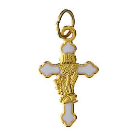 Pendente croce dorata 3x1 cm fondo bianco