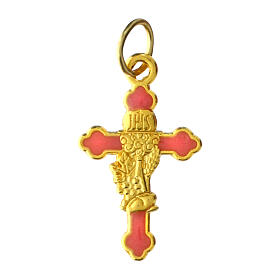 Pendente croce dorata 3x1 cm fondo rosa