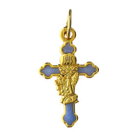 Pendente croce dorata 3x1 cm fondo azzurro