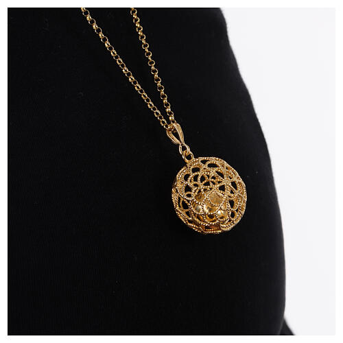 Gold plated angel caller necklace, 925 silver, filigree flower, 35 in 4