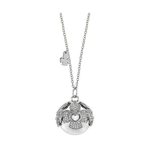 Collier grelot de grossesse AMEN acier rhodié zircons blancs breloque 95 cm 1