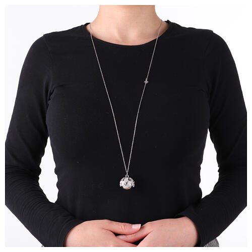 Collier grelot de grossesse AMEN acier rhodié zircons blancs breloque 95 cm 2
