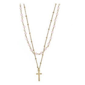 Doppelkette, Kreuz-Anhänger, AMEN, 925er Silber, vergoldet, weiße/rosa Kristalle