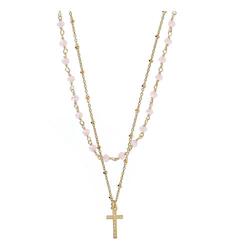 Doppelkette, Kreuz-Anhänger, AMEN, 925er Silber, vergoldet, weiße/rosa Kristalle 2