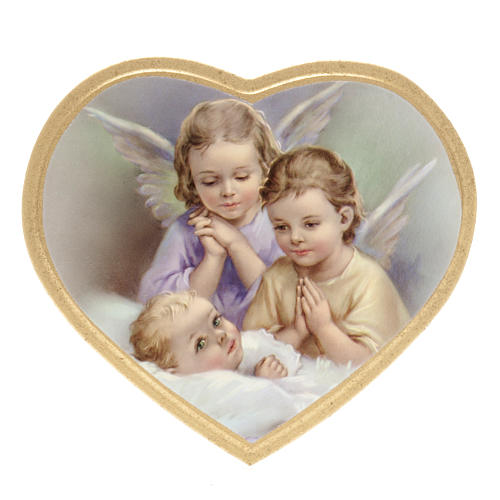Print on wood, heart, 2 angels with baby 1