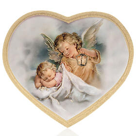 Impressão na madeira coração anjo da guarda com menino