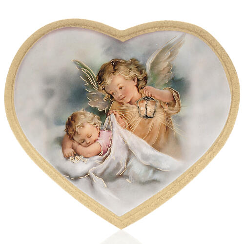 Impressão na madeira coração anjo da guarda com menino 1