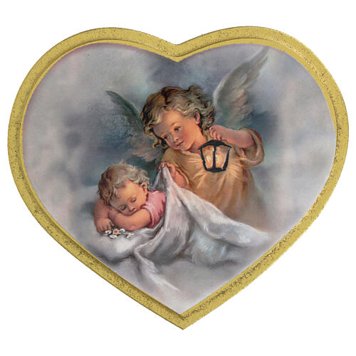 Impressão na madeira coração anjo da guarda com menino 1