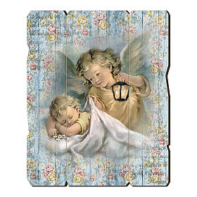 The Guardian Angel with lantern painting in moulded wood with hook on the back 35x30 cm