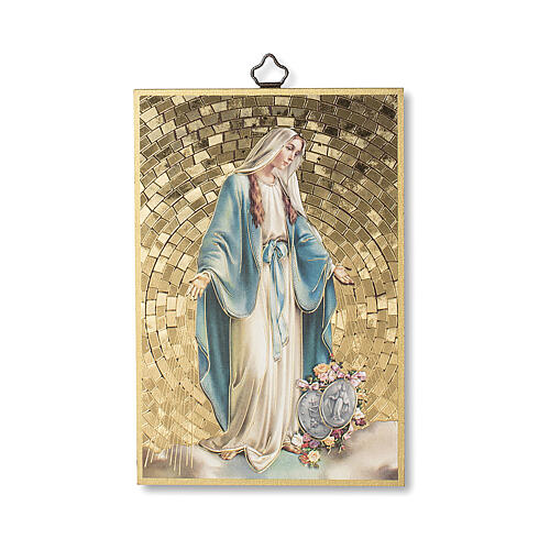 Bedruckte Holzplatte Jungfrau Maria mit Medaille und dem Gebet Orazione Efficacissima 1