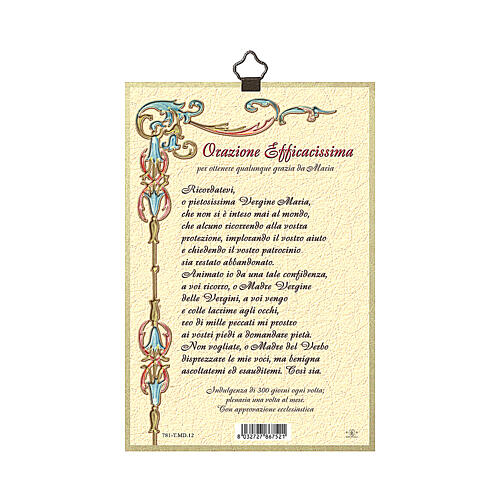 Bedruckte Holzplatte Jungfrau Maria mit Medaille und dem Gebet Orazione Efficacissima 3