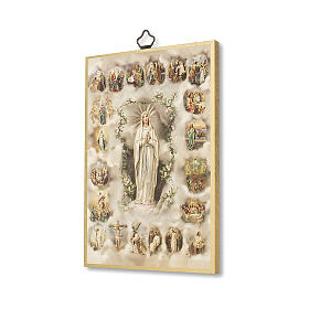 Bedruckte Holzplatte Geheimnisse des heiligen Rosenkranzes mit gleichnamigen Gebet auf der Rückseite