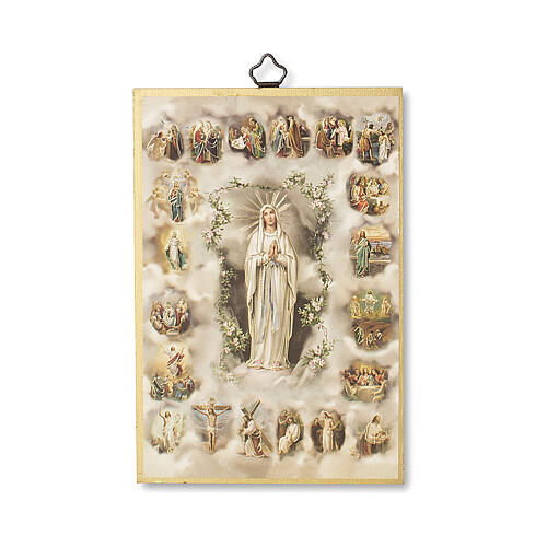 Bedruckte Holzplatte Geheimnisse des heiligen Rosenkranzes mit gleichnamigen Gebet auf der Rückseite 1