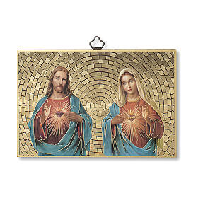 Bedruckte Holzplatte Heiligstes Herz Jesu und Maria mit Gebet auf der Rückseite