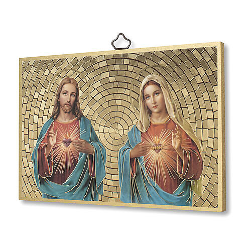 Bedruckte Holzplatte Heiligstes Herz Jesu und Maria mit Gebet auf der Rückseite 2
