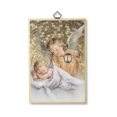 Bedruckte Holzplatte Schutzengel mit Laterne und Gebet Engel Gottes 1