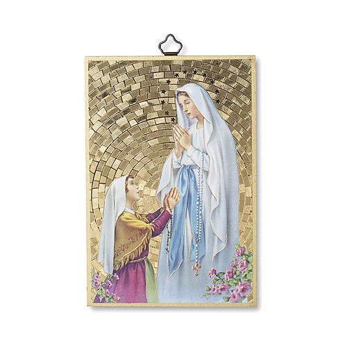 Apparition of Lourdes with Bernardette woodcut 1