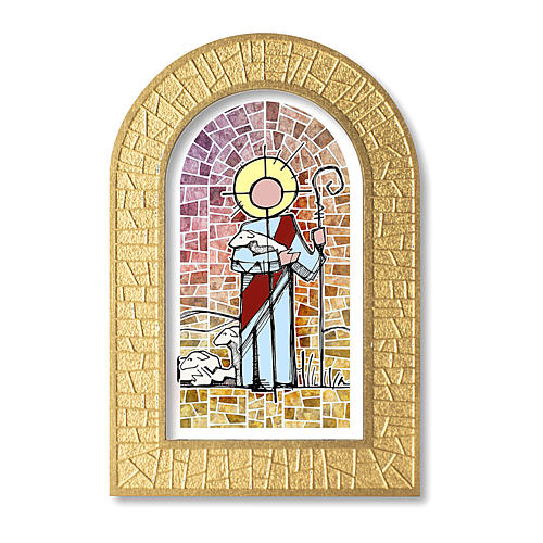Cadre avec vitrail image Jésus Bon Pasteur 14x8,5 cm 1