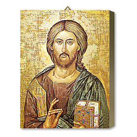 Wood board, Christ Pantocrator icon with closed book, gift box, 25x20 cm