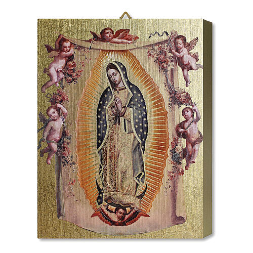 Obraz na desce drewnianej Matka Boża z Guadalupe z aniołami, 25x20 cm 1