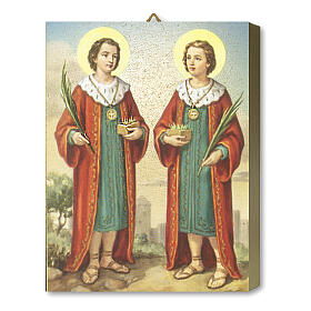 Tableau bois Saints Côme et Damien avec boîte cadeau 25x20 cm