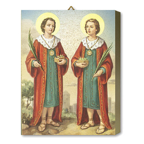 Tableau bois Saints Côme et Damien avec boîte cadeau 25x20 cm 1
