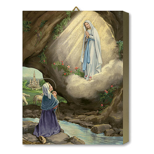 Tableau bois Apparition Notre-Dame de Lourdes avec Bernadette avec boîte cadeau 25x20 cm 1