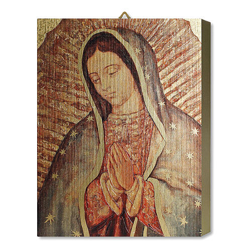 Wood board icon with gift box, Our Lady of Guadalupe, 25x20 cm 1