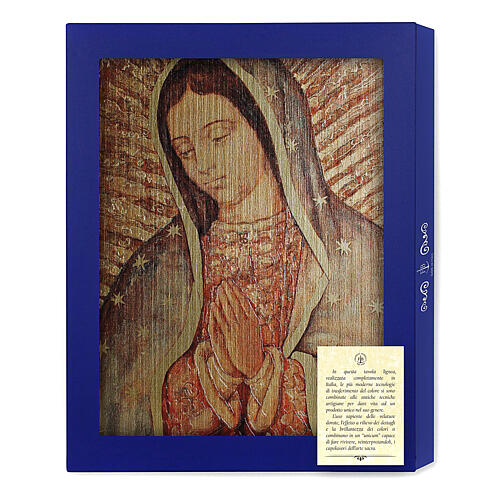 Wood board icon with gift box, Our Lady of Guadalupe, 25x20 cm 3