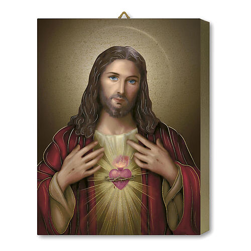 Wood board icon with gift box, Sacred Heart of Jesus, 25x20 cm 1