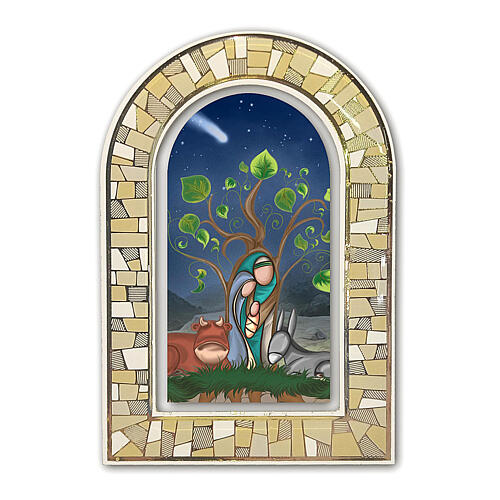 Tridimensional stained glass window, standing plexiglass printing, stylised Nativity, 12x8 cm 1