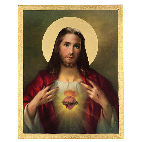 Wandbild Heiligstes Herz Jesu – nach A. Simeone – auf Holztafel mit goldfarbener Zierleiste – 45x30 cm 1