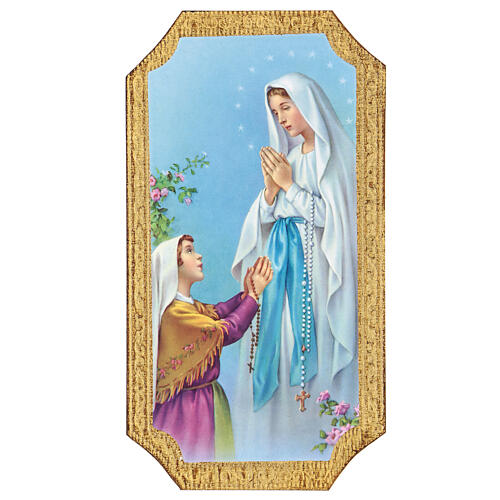 Painting printed on wood of Our Lady of Lourdes with Bernadette 9x5 in 1