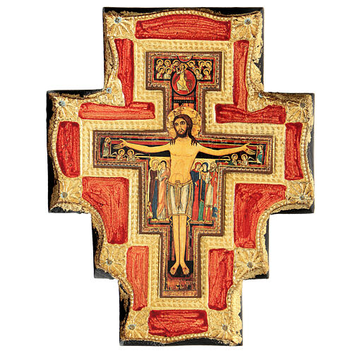San-Damiano-Kreuz – auf Holztafel mit erhabenem Kreuz – Blattgold-Optik – 20x15 cm 1