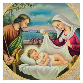 Holy Family Christmas picture in round poplar wood diameter 55 cm