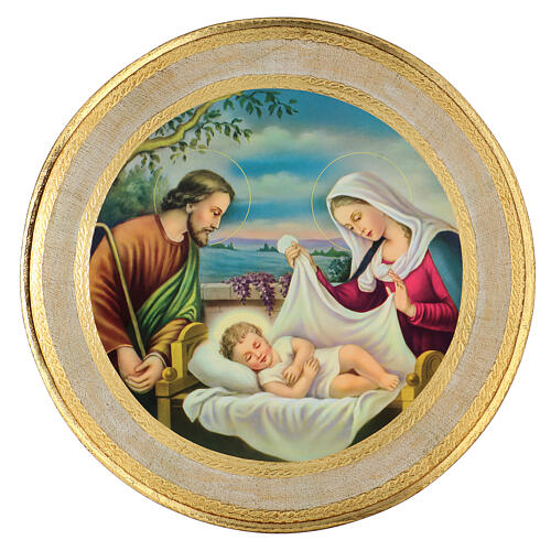 Holy Family Christmas picture in round poplar wood diameter 55 cm 1